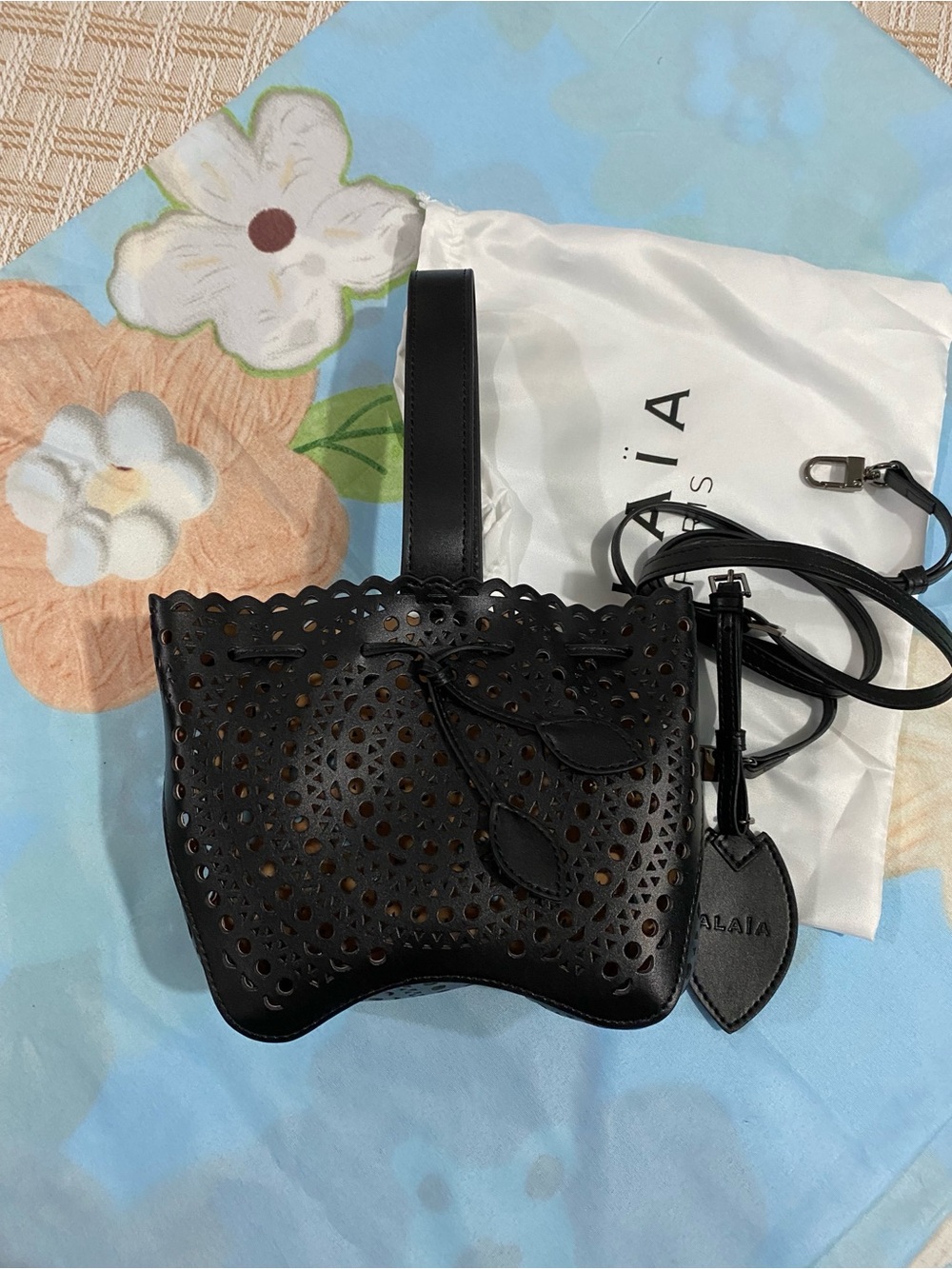 Alaina Black Perforated Leather Mini Bucket Bag